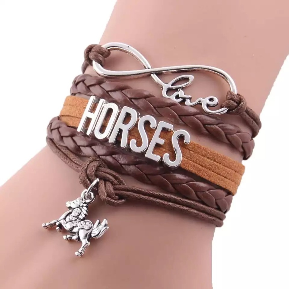 Infinity love horse charm leather braid bracelet